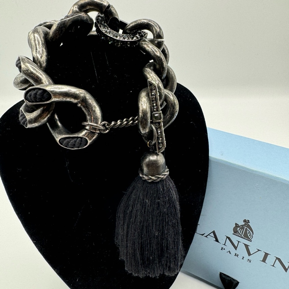 Lanvin Paris Wide Link Gun Metal Bracelet with Tassle